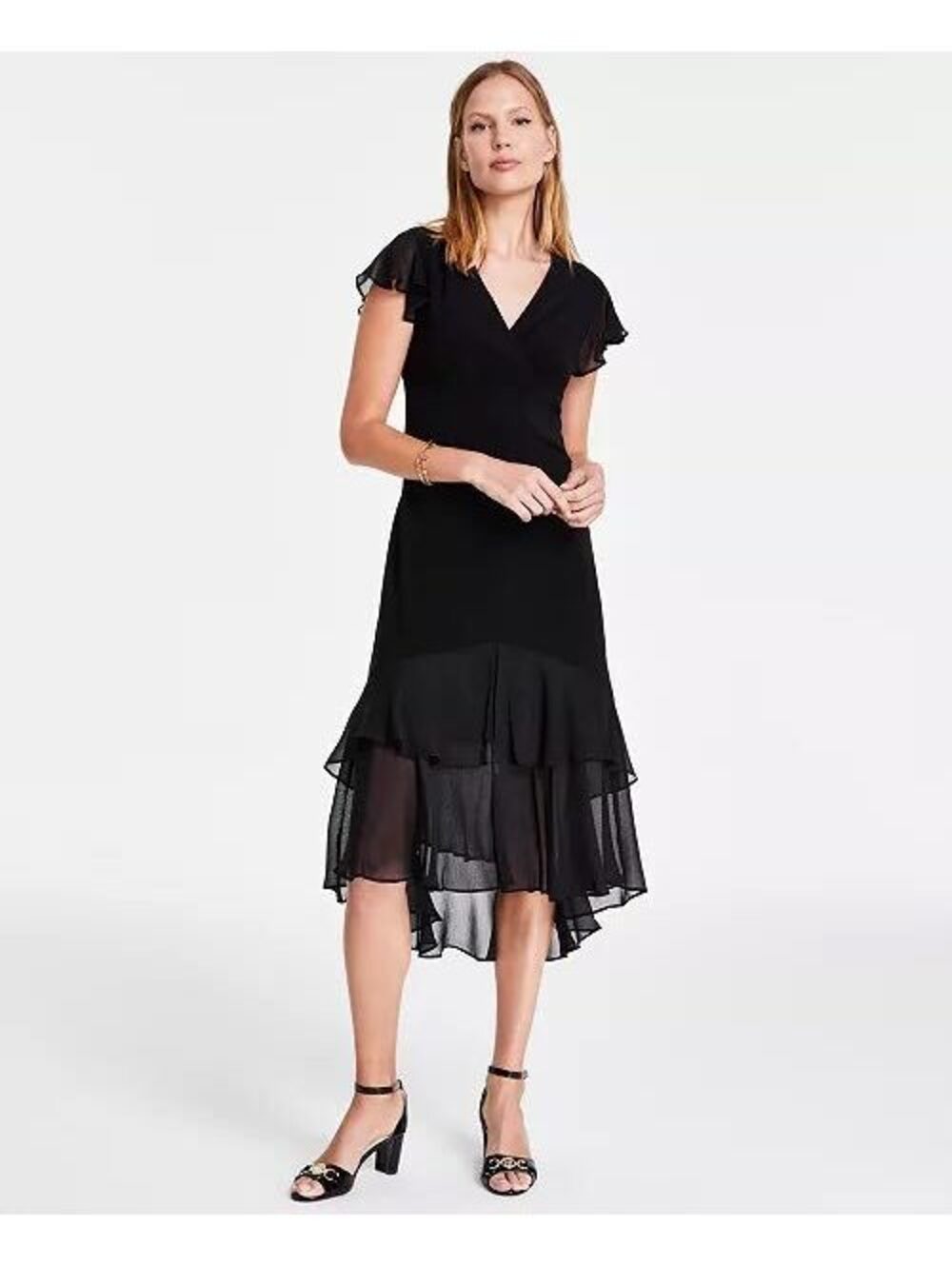 Tommy Hilfiger Women's V-Neck Chiffon-Trim Midi Dress with Flutter Sleeves